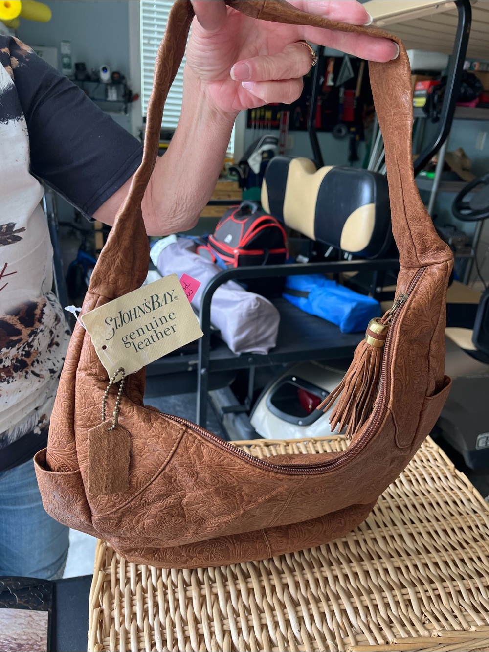 St. John's Bay Tan Textured Leather Shoulder Bag with Tassel